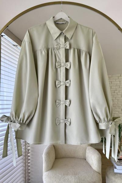 Patı Fiyonklu Oversize Gömlek Açık Yeşil