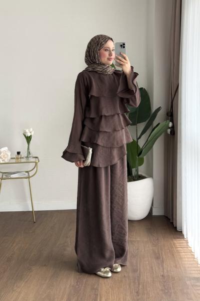 Kat Kat Pantolonlu Takım Acı Kahve