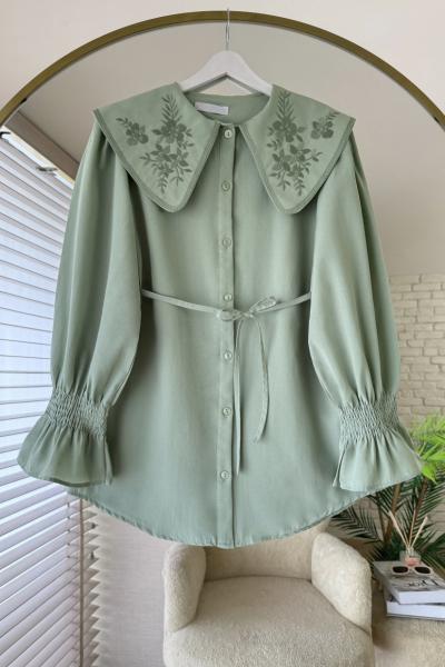Yakası Nakışlı Gömlek Yeşil