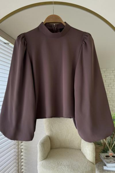 Balon Kol Saten Bluz Kahverengi
