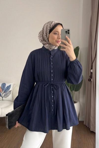 Brit Düğmeli Nervürlü Gömlek Koyu Lacivert