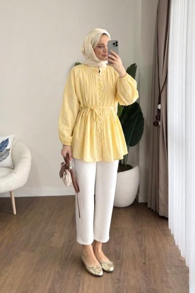 Brit Düğmeli Nervürlü Gömlek Sarı