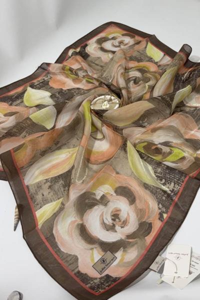 Gül Desenli Kehribar Eşarp Kahverengi - Haki