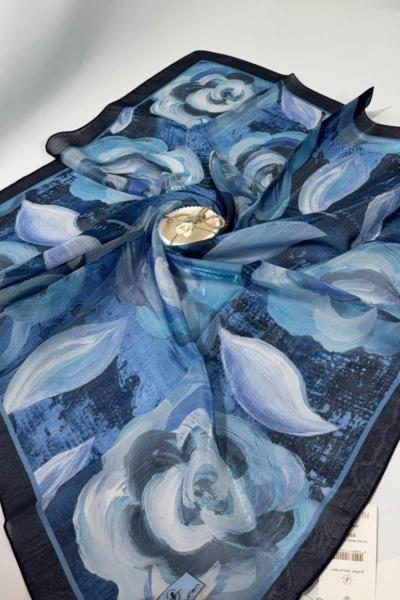 Gül Desenli Kehribar Eşarp Siyah-Lacivert