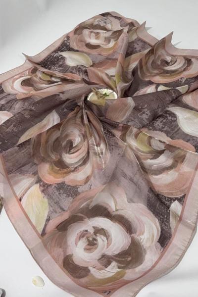 Gül Desenli Kehribar Eşarp Pudra-Kahve