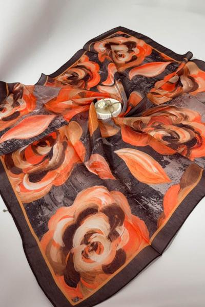 Gül Desenli Kehribar Eşarp Turuncu