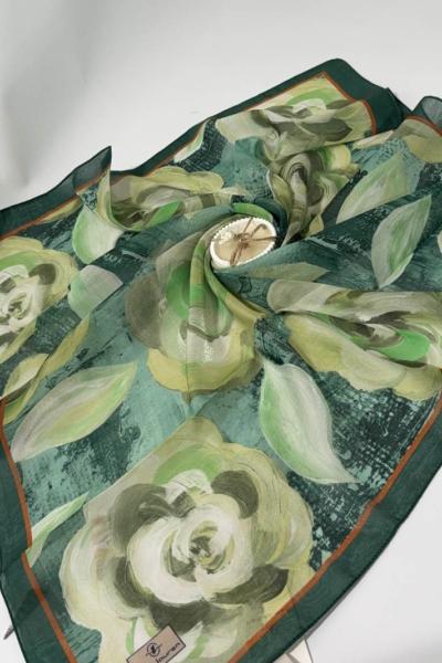 Gül Desenli Kehribar Eşarp Yeşil