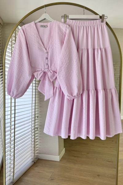 Önü Bağlamalı Gofre Takım Açık Pembe