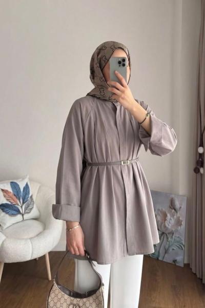 Kemerli Tensel Gömlek Vizon