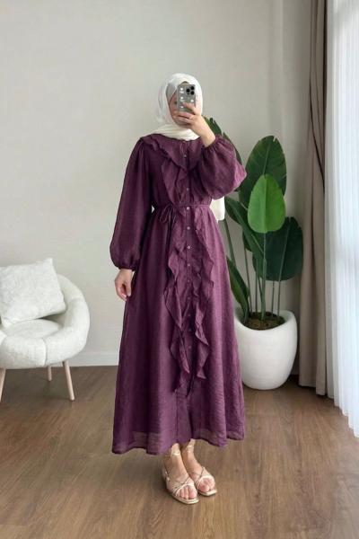 Fine Fırfırlı Elbise Mürdüm