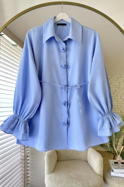 Patı Çiçekli Gömlek Mavi