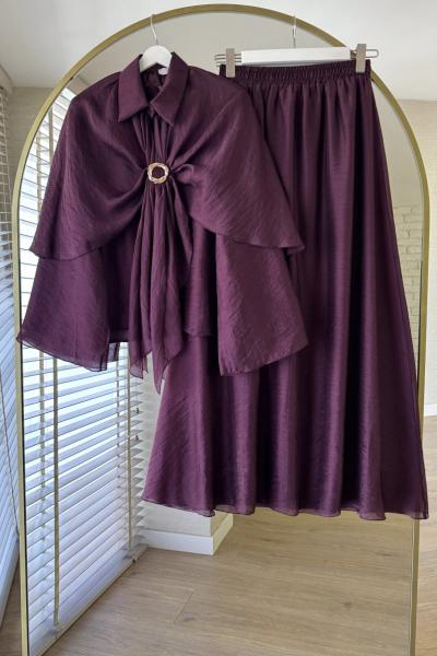 Pelerinli Vual Takım Mürdüm