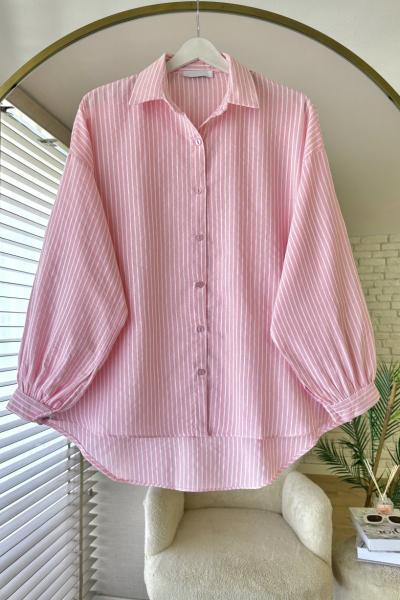 Çizgili Oversize Gömlek Pembe