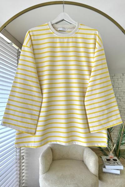 Bisiklet Yaka Çizgili Sweatshirt Sarı
