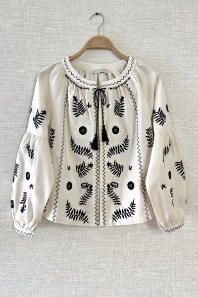 Nakışlı Kısa Keten Kimono Bej