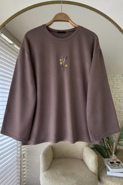 Nakışlı Salaş Sweatshirt Koyu Vizon