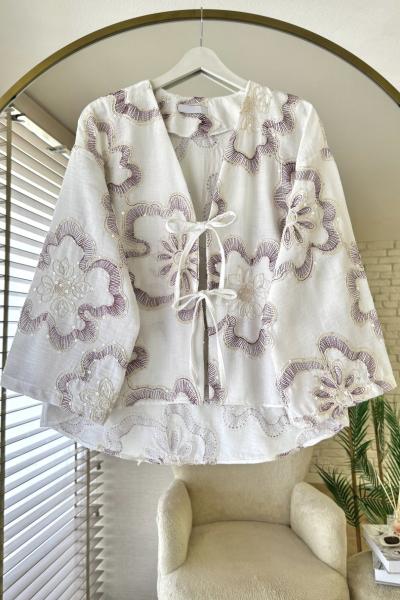 Pul Nakışlı Keten Kimono Bordo