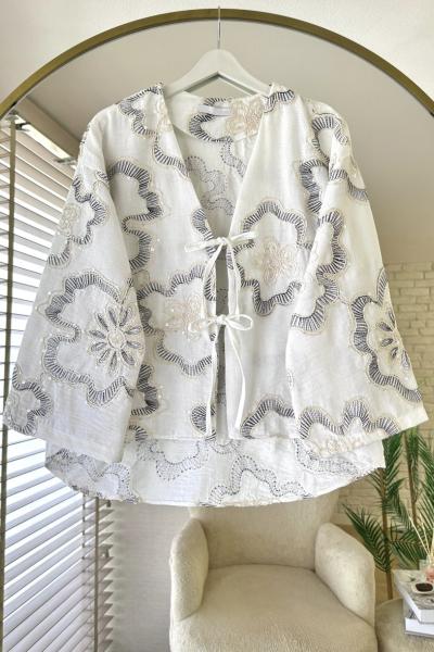 Pul Nakışlı Keten Kimono Siyah
