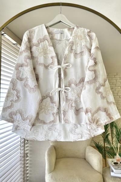 Pul Nakışlı Keten Kimono Taba