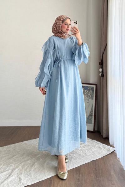 Kolu Fırfırlı Vual Elbise Bebe Mavisi