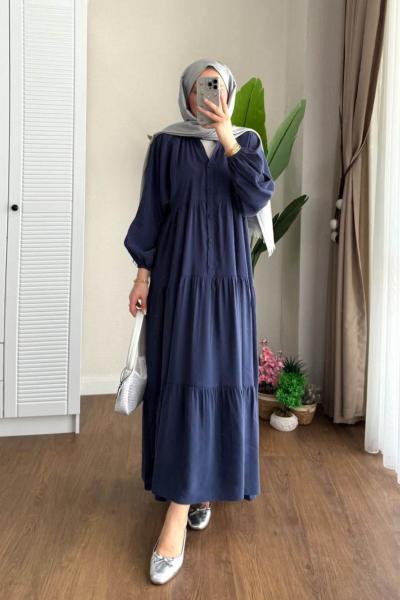 Yarım Patlı Oversize Modal Elbise Lacivert