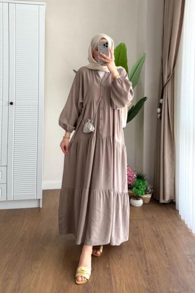 Yarım Patlı Oversize Modal Elbise Vizon