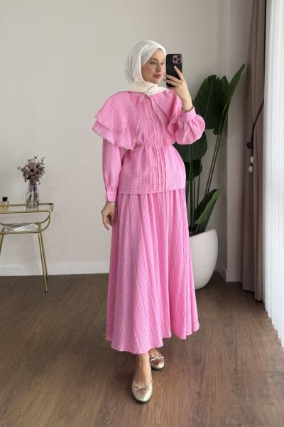 Dantel Yakalı Begonya Takım Pembe