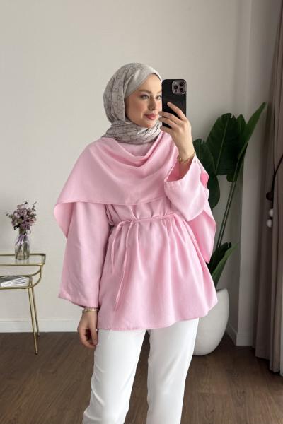 Şal Detaylı Modal Tunik Pembe