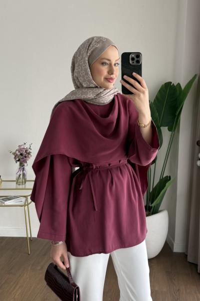 Şal Detaylı Modal Tunik Bordo