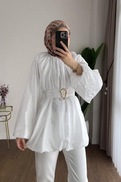Bubble Kemerli Tunik Beyaz
