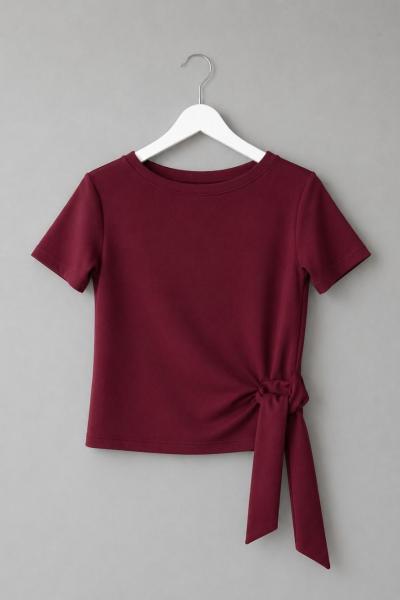 Kayık Yaka Bağlamalı Tişört Bordo