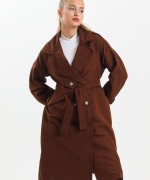 Kolu Bağcıklı Oversize Trençkot Acı Kahve