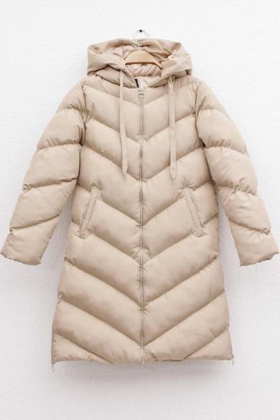 Yanı Fermuarlı Uzun Şişme Mont Bej