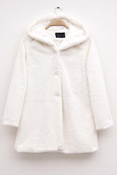 Kapüşonlu Kürk Ceket Ekru