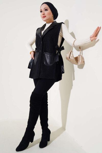 Yanı Bağlamalı Buklet Yelek Siyah