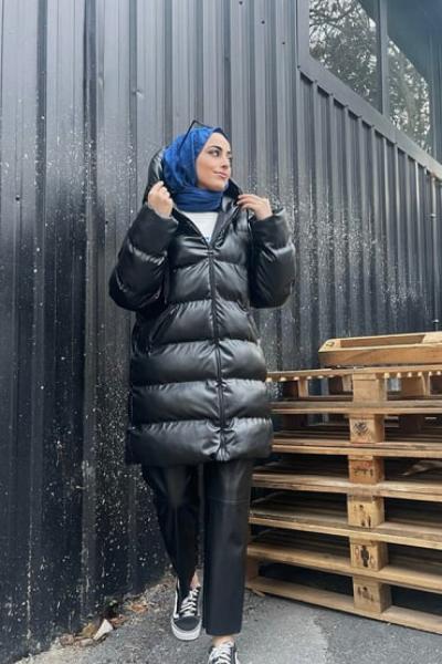 Kapüşonlu Şişme Deri Mont Siyah