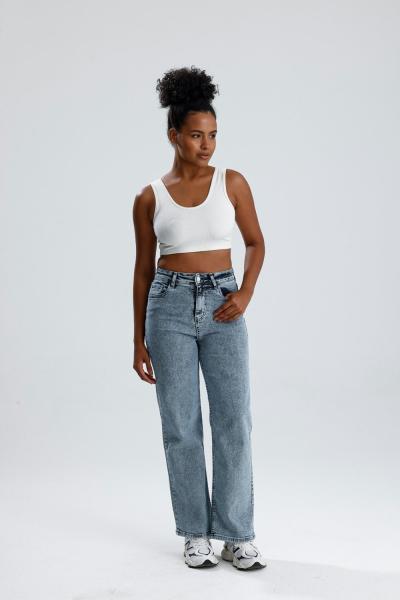 Bol Paça Likralı Pantolon Kar Yıkama Mavi