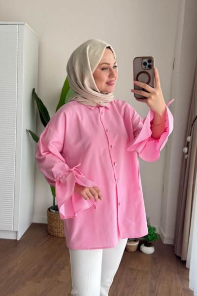Kolu Büzgülü Arkası Piliseli Gömlek Pembe
