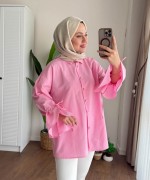 Kolu Büzgülü Arkası Piliseli Gömlek Pembe
