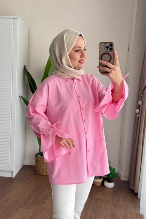 Kolu Büzgülü Arkası Piliseli Gömlek Pembe