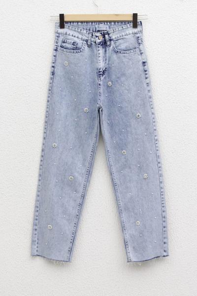 İncili Kesik Paça Pantolon Kar Yıkama Mavi