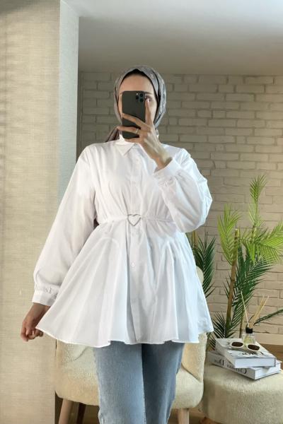 Kalp Kemerli Poplin Gömlek Beyaz