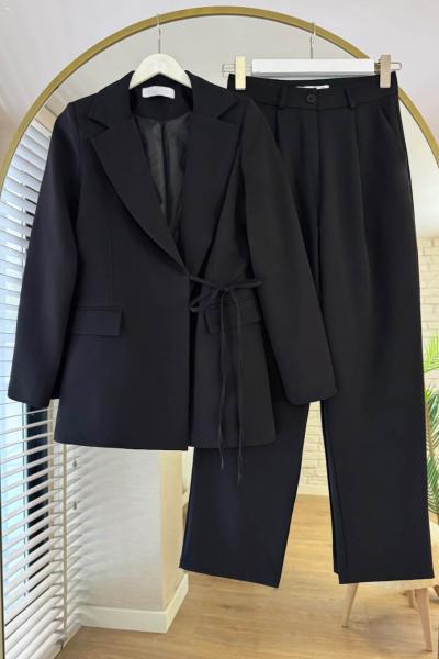 Yandan Bağlamalı Ceketli Takım Siyah