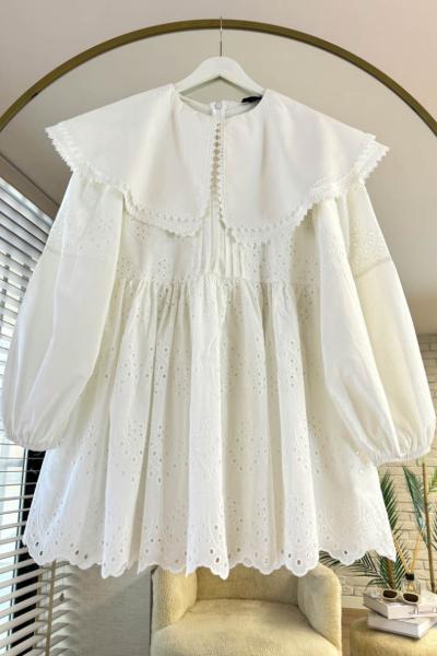 Çift Yaka Brode Tunik Beyaz