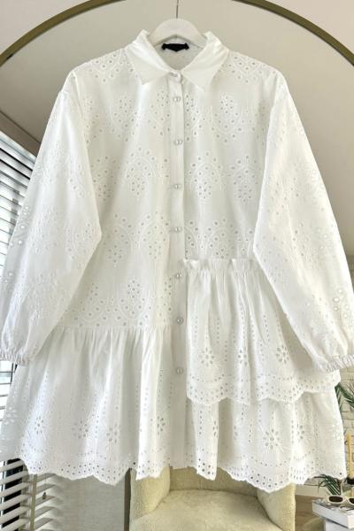 Volanlı Brode Gömlek Beyaz