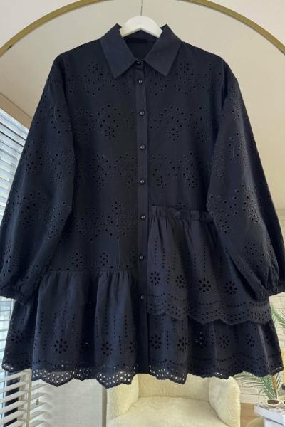 Volanlı Brode Gömlek Siyah