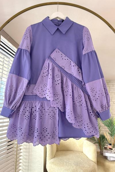 Nervürlü Brode Gömlek Lila