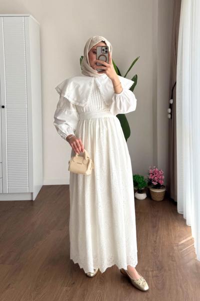 Çift Yaka Brode Elbise Beyaz