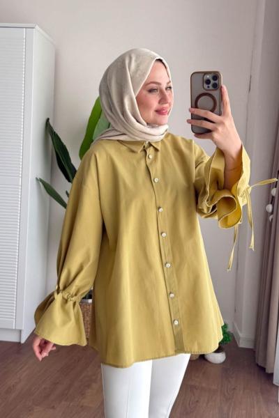 Kolu Büzgülü Arkası Piliseli Gömlek Yağ Yeşili