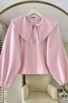Yakası İncili Bluz Pudra